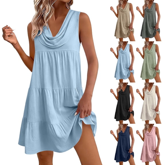 HVOBTTY Summer Women's Sleeveless Mini Peplum Dress red Cowl Neck Loose Cut Daily Outer Wear
