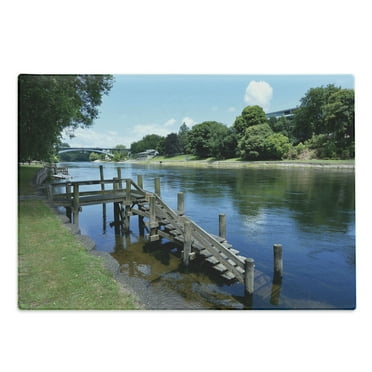 Outdoor Cutting Board, Waikato River Hamilton City New Zealand Holiday Destination Travel Landmark, Decorative Tempered Glass Cutting and Serving Board, Large Size, Green Blue Grey, by Ambesonne