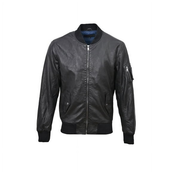 BLUE WELLFORD KALID Men's Black Leather Bomber Jacket, Stand Collar, Ribbed Cuffs & Waist, Left Sleeve Zipper Pocket, 2 Snap Studded Side Pockets