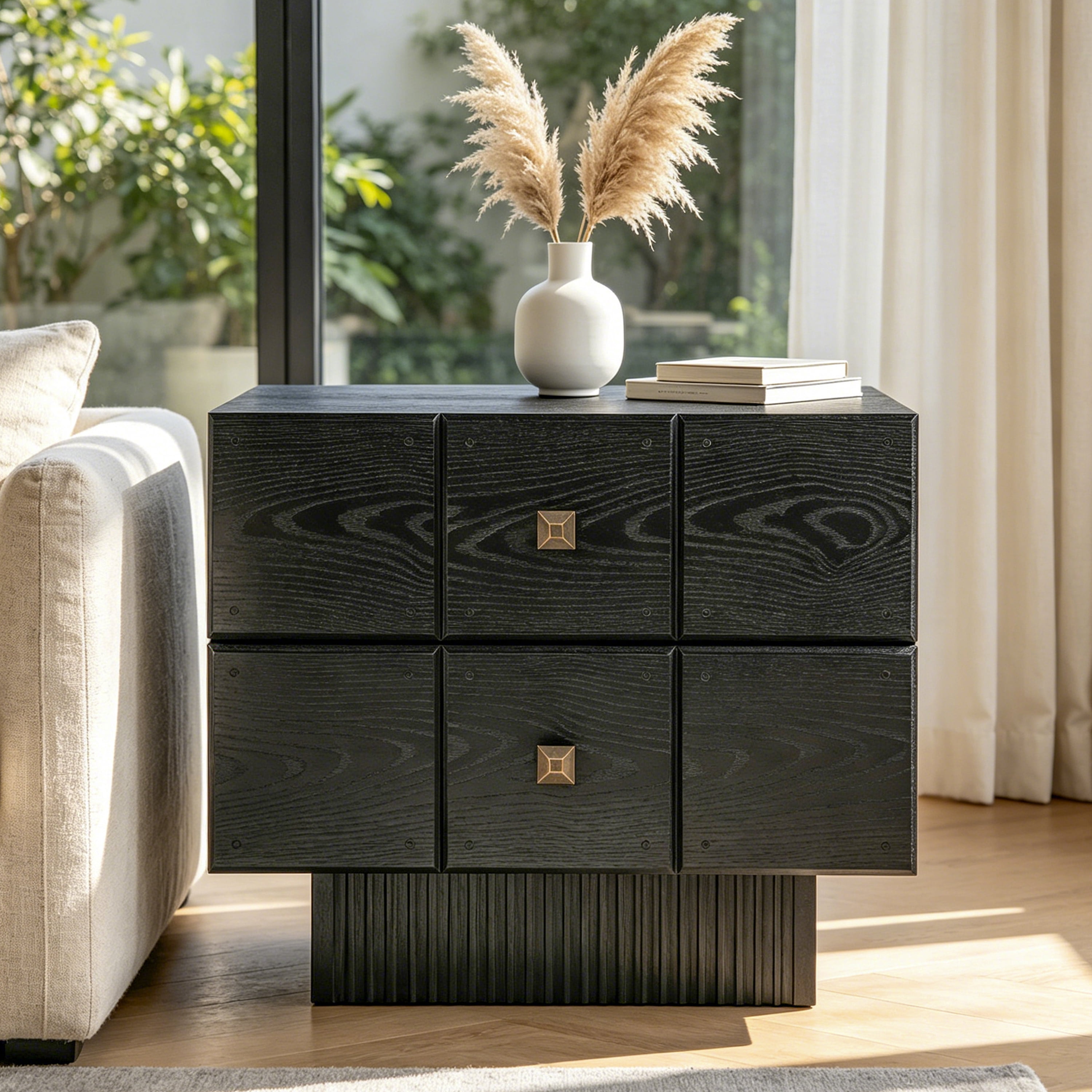 Euroco Mid-Century Nightstand with 2 Drawers, 24" Wide Bed Side Table with Fluted Pedestal,Wood Storage End Table Dresser for Bedroom,Living Room,Black