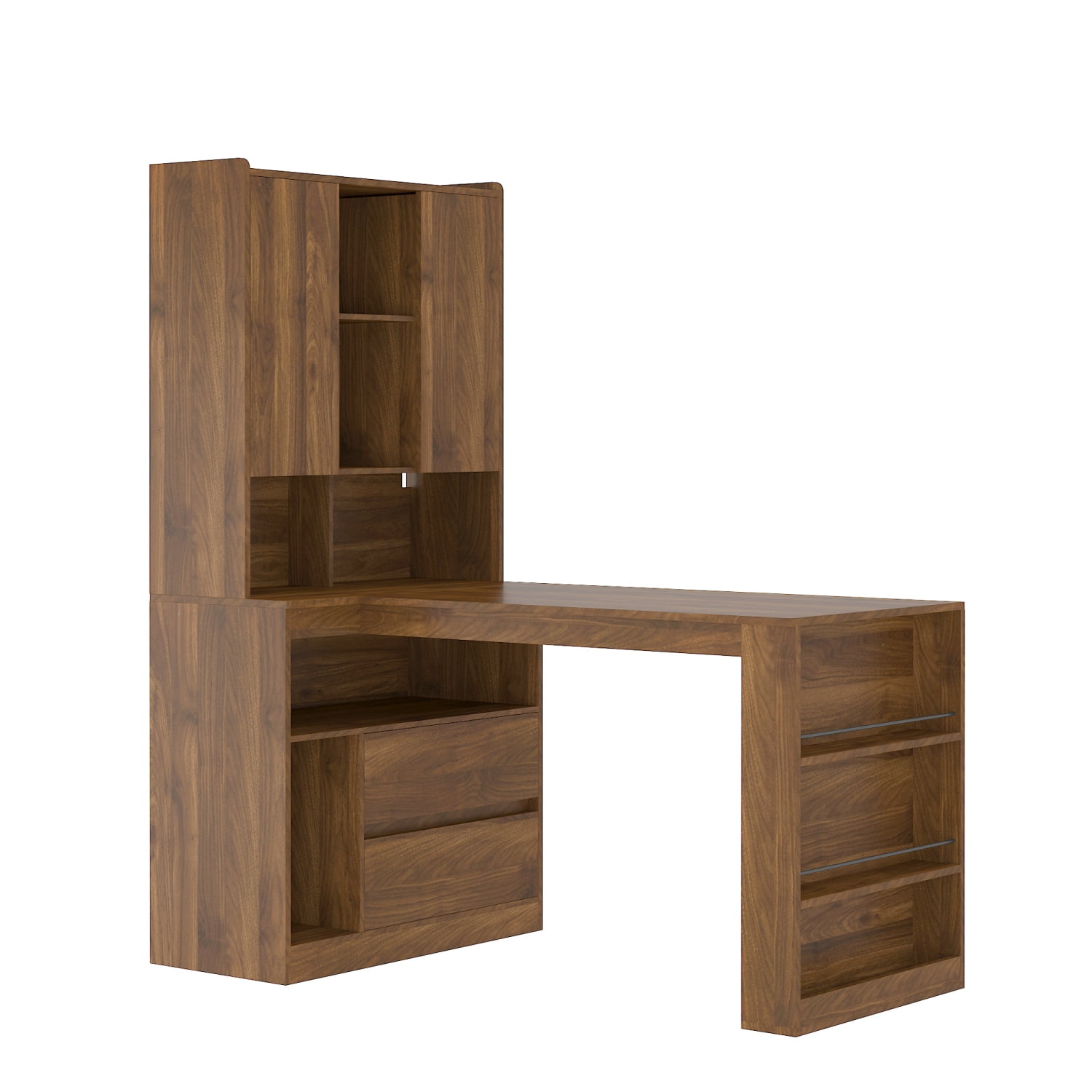 Lisonu L-Shaped Computer Desk with LED Lights & Power Outlets, Wood Corner Gaming Desk with Drawers & Storage Shelves, Modern Home Office Workstation