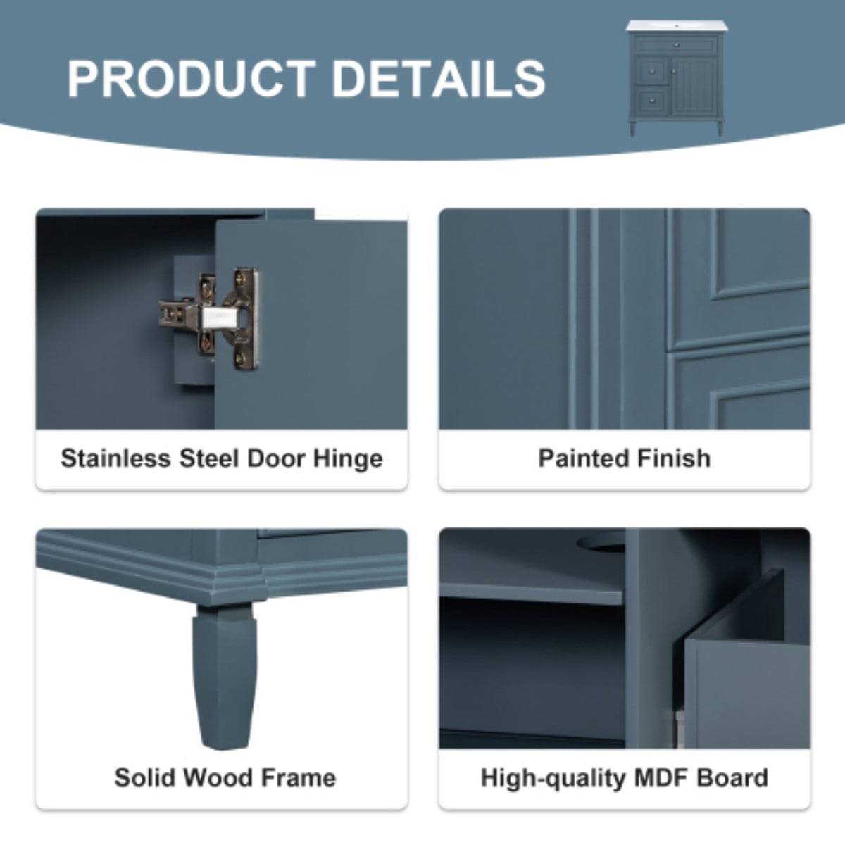 30" Bathroom Vanity with Sink, Modern Bathroom Cabinet with Ceramic Vanity Sink, Solid Wood & MDF Storage Cabinet with Flip Drawer, Adjustable Shelf, Blue Gray