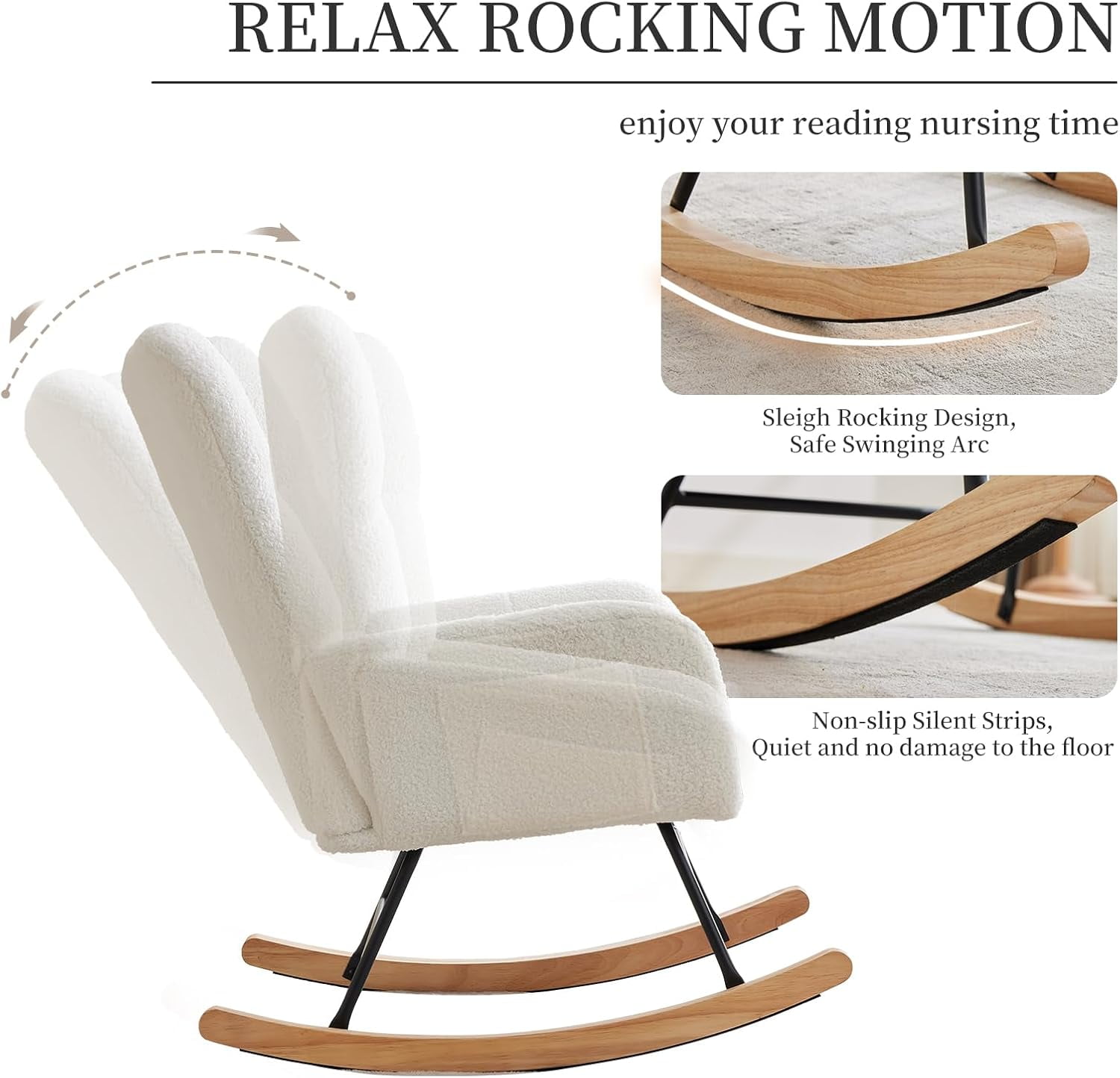 Teddy Fabric Nursery Rocking Chair w/ High Backrest & Side Pockets, Glider for Breastfeeding, Living Room