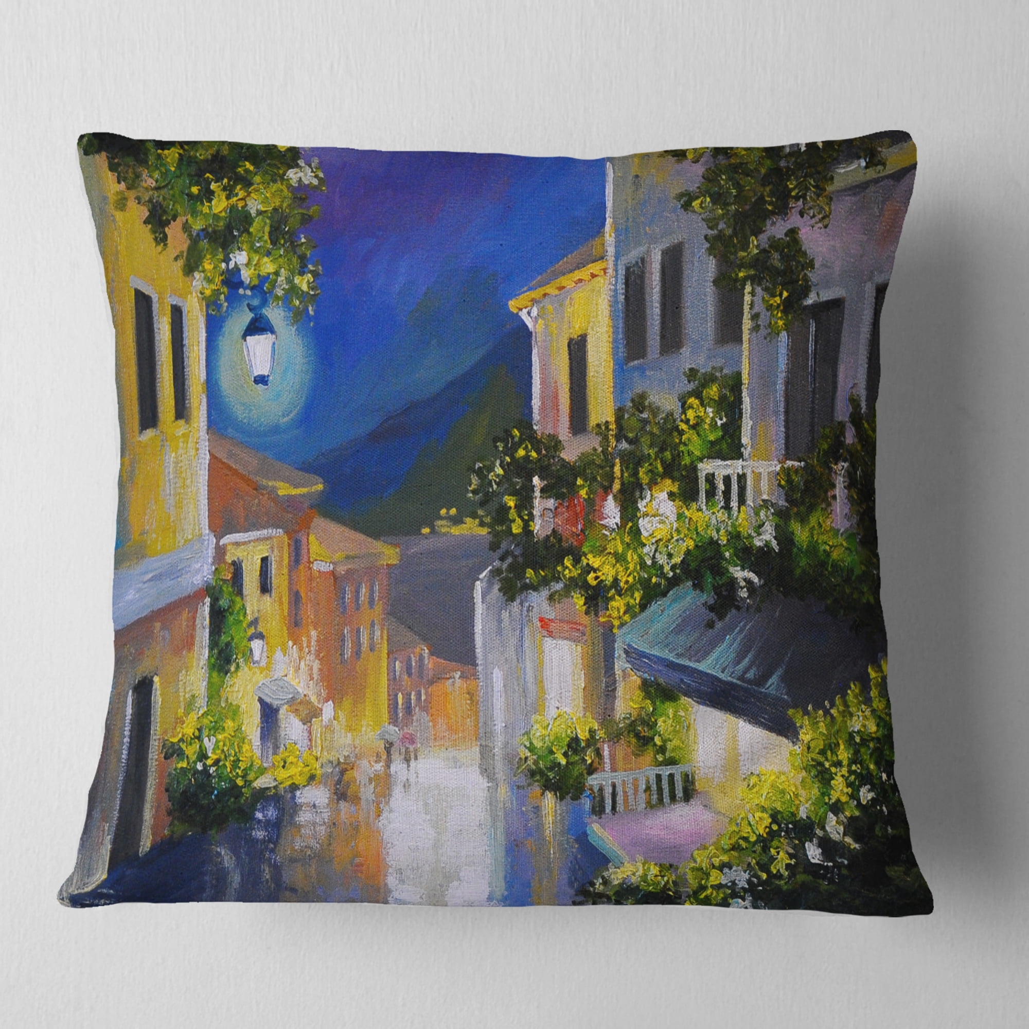 Designart Night City near Sea - Landscape Printed Throw Pillow - 18x18