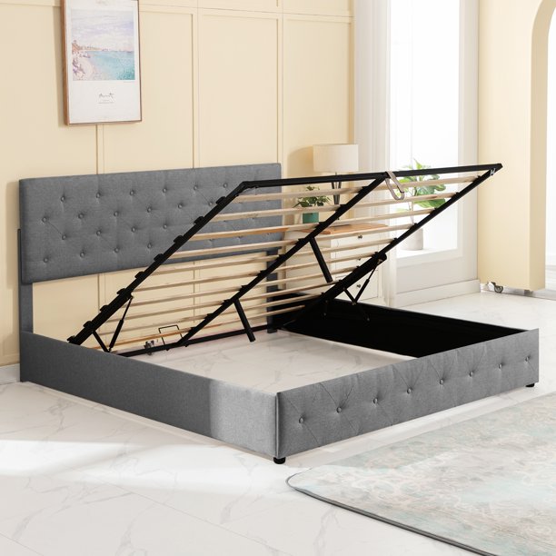 Mjkone King Bed Frame with Storage,Hydraulic Lifting Floating Bed Frame,Upholstered Platform Bed
