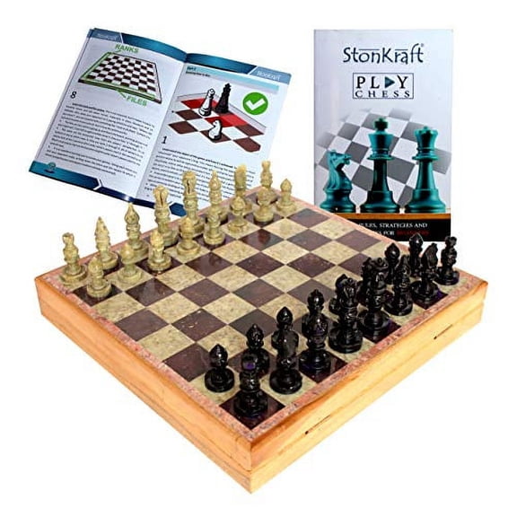 StonKraft - 12" x 12" Stone Inlaid Chess Game Board with Wooden Base - Board Set with Hand-crafted Natural Stone Chess Pieces