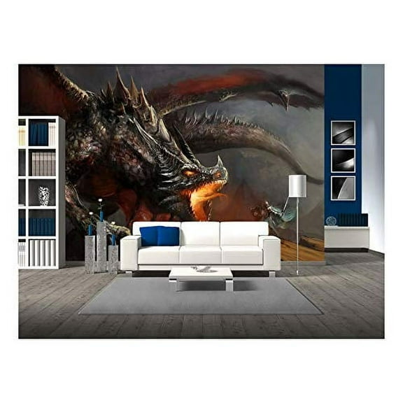 wall26 - Fantasy Scene Knight Fighting Dragon - Removable Wall Mural | Self-Adhesive Large Wallpaper - 66x96 inches