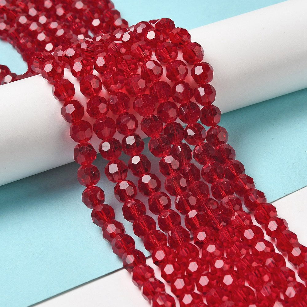 20 strand Transparent Glass Beads Faceted(32 Facets) Round FireBrick 8mm Hole: 1mm 65~67pcs/strand 49~50cm