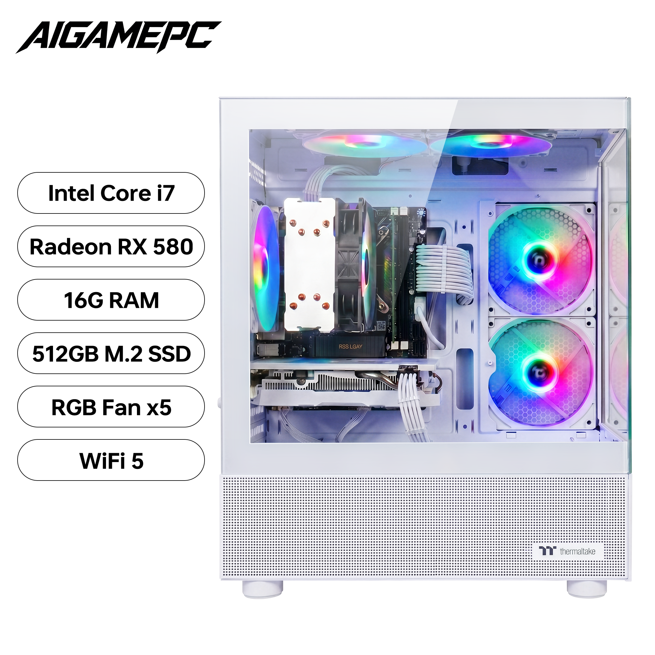 AIGAMEPC Gaming PC Desktop Computer, Intel Core i7 up to 4.0GHz, Radeon RX 580 8G, 16G RAM, 512GB M.2 SSD, BX3 550W 80PLUS Bronze PSU, WiFi 5, RGB Fan x5, Windows 11 Home, White Towers PC