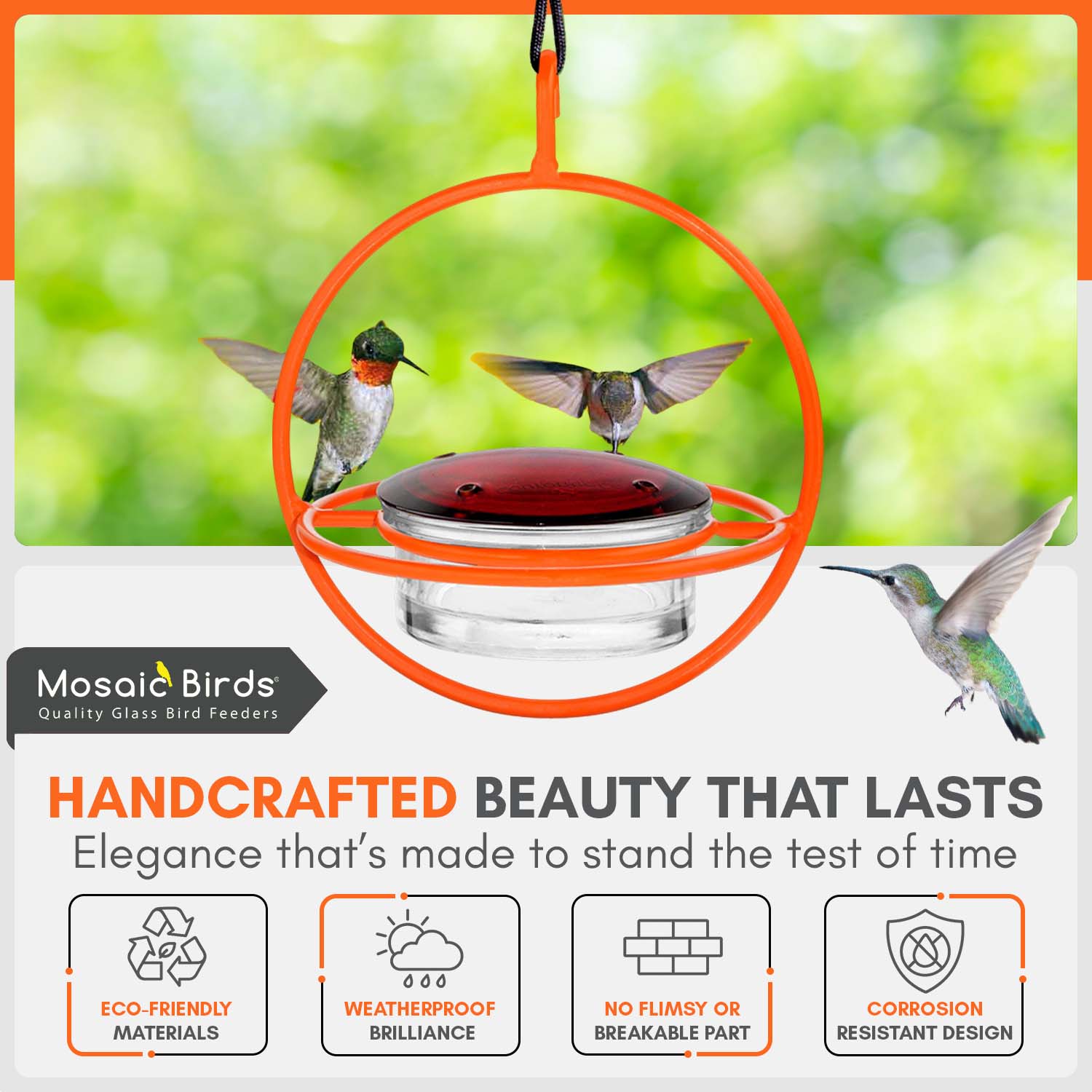 Mosaic Birds Recycled Glass and Metal Hummingbird Feeder for Outdoors - Hanging Bird Decor for Gardens - Orange