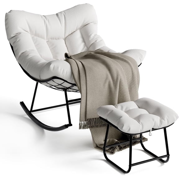 Papasan Rocking Chair with Footrest,4Pcs Steel Frame Egg Chair,Metal Patio Lounge Rocking Chair with Ottoman & Thick Cushion,400lb Capacity for Patio, Balcony, Bedroom & Living Room