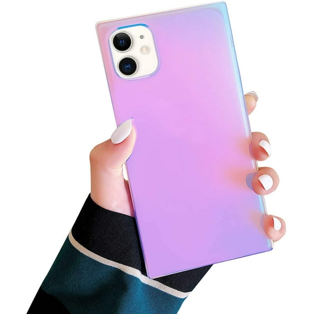 Compatible with iPhone Case, Square Colorful Sparkle Bling Purple Laser Soft Silicone Case Cover Protective Shockproof Fashion Iridescent Design for Girls Women (iPhone 12Pro MAX)