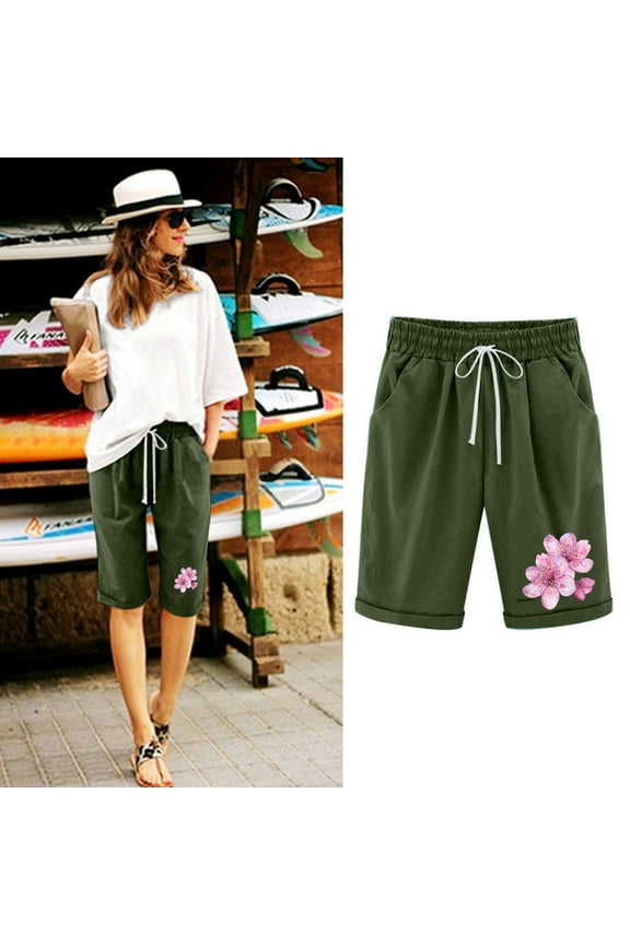 Baggy Women Shorts Knee Length Bermuda Green Capri Wide-Leg Floral High Waisted Shorts Womens Scrubs Joggers L