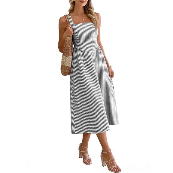 CIENVNSTG Women Sweet Maxi Dress Wide Strap Square Neck Flare Dress Summer Sundress Black XL