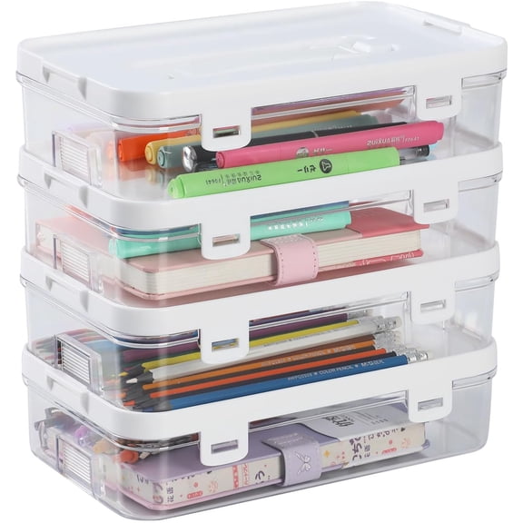 IBEQUEM 4Pcs Clear Plastic Storage Container with Lid & Handle, Multipurpose   Stackable Storage Organizer Box for Office Home Use-10 x 6 x 2.6 inch