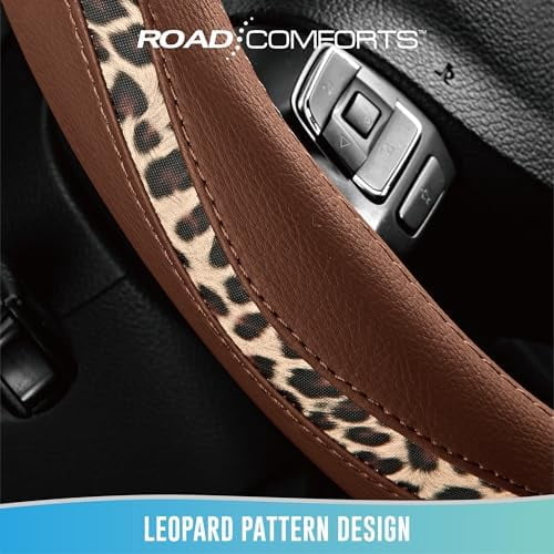 Steering Wheel Cover - Made with PVC Leather and Leopard Fabric - Universal 14 1/2 inches to 15 inches for Most Automotive Steering Wheel - Cheetah Print - Brown