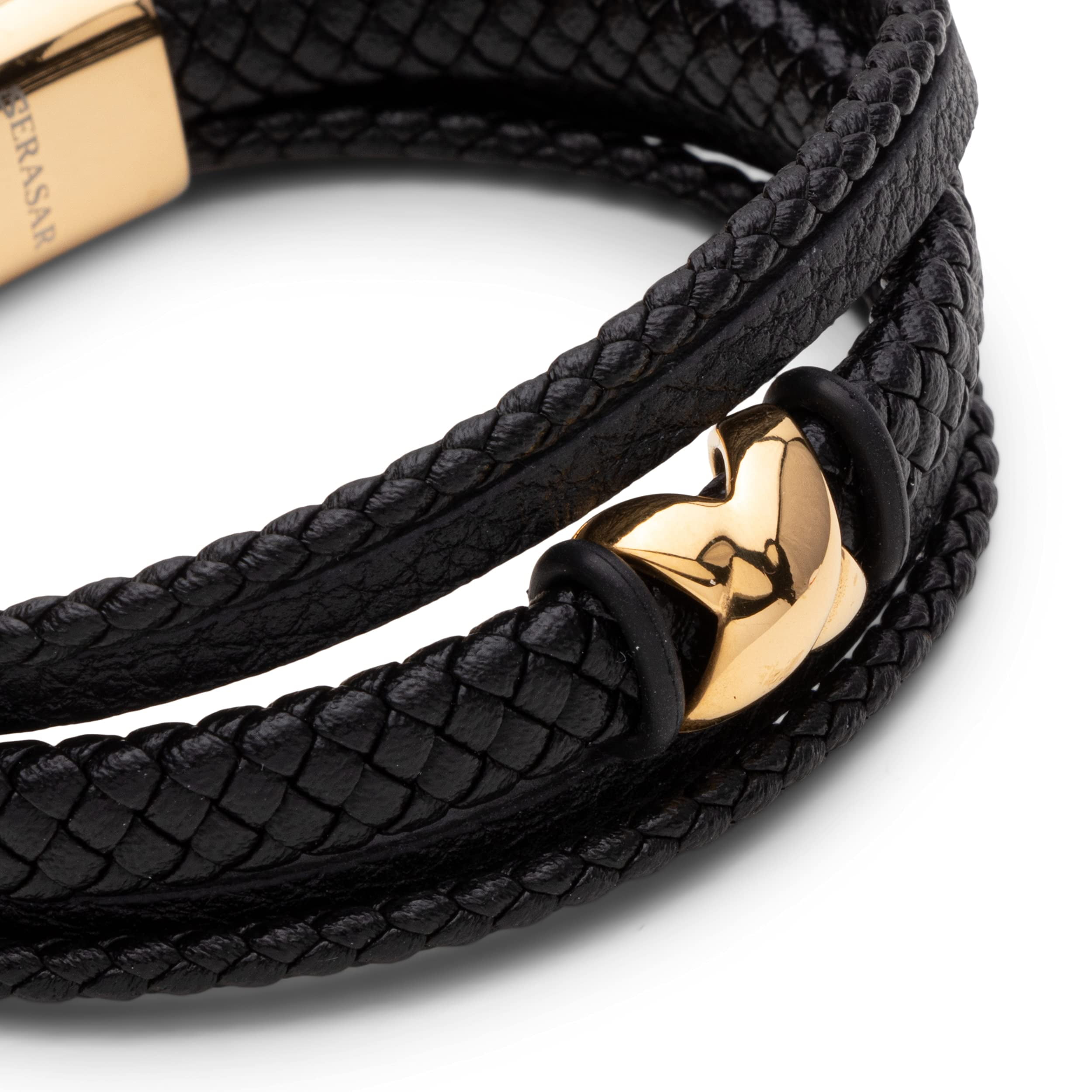 SERASAR Men's Premium Leather Bracelet "Flake" with stainless steel magnetic closure, Gold 20cm, including gift box