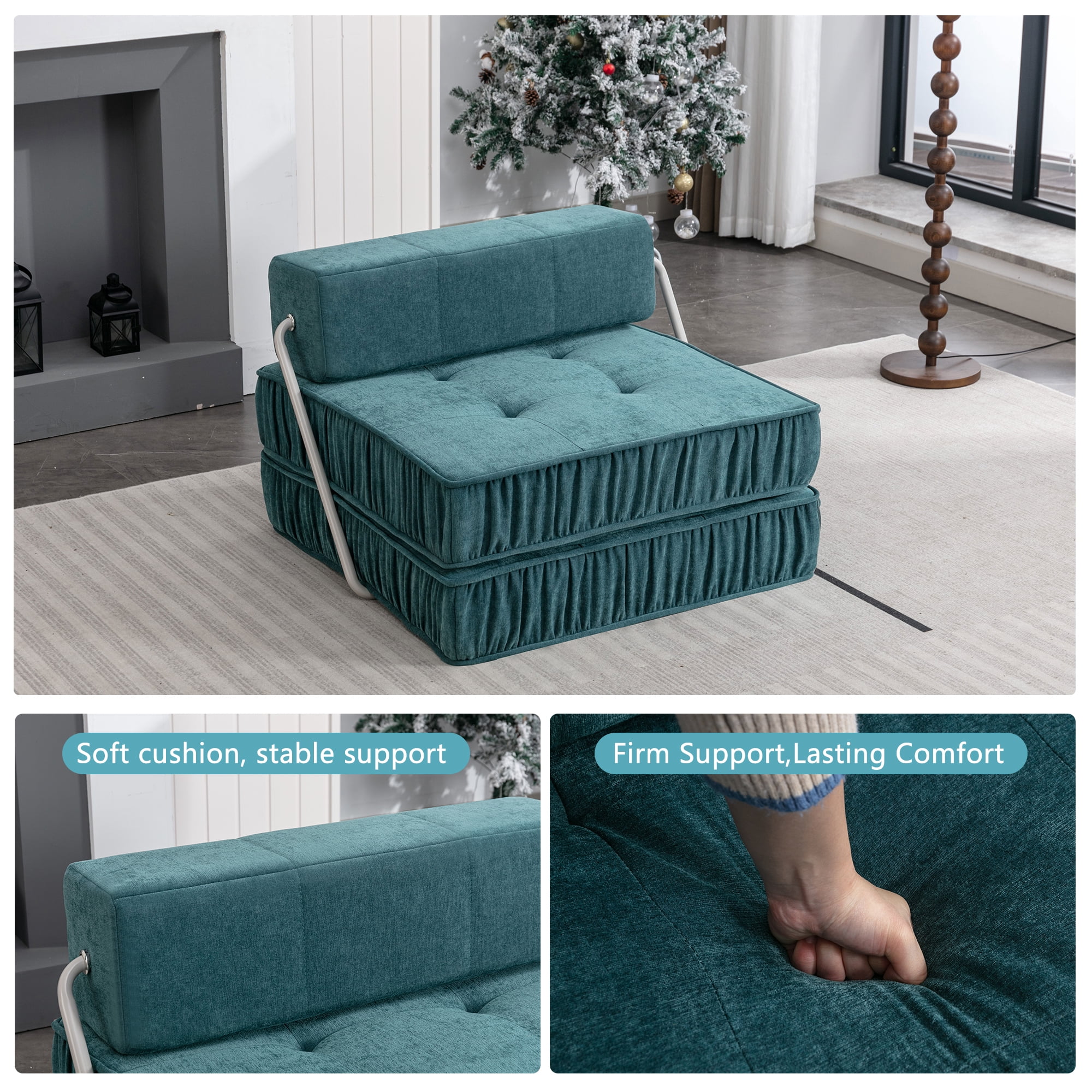 Folding Sofa Bed, Green Convertible Sleeper Chair with Removable Back Cushion and Non-Slip Bottom, Chenille Futon Floor Couch for Living Room, Guest Room, Home Office