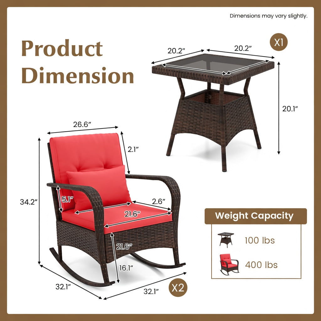 Hommoo 3-Piece Outdoor Rocking Chair Set with Tempered Glass Coffee Table, PE Rattan & Metal Frame for Backyard, Patio, Poolside, Red