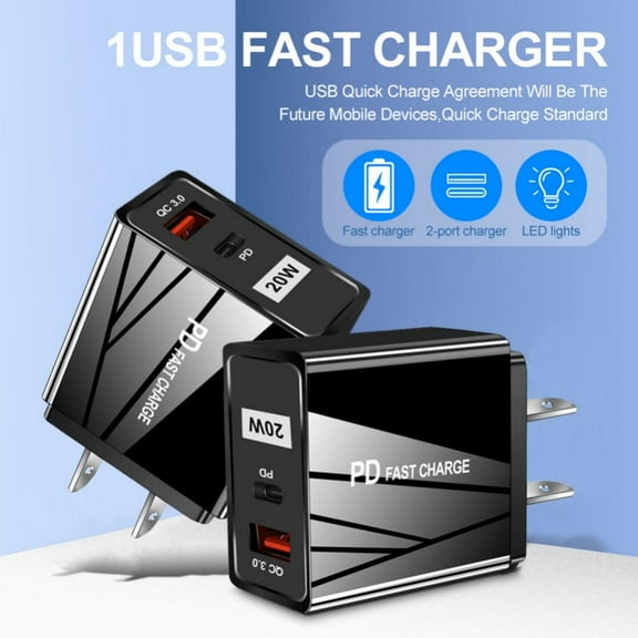 20W USB C PD Wall Charger,Dual Ports Fast Charging Block,QC 3.0 Power Adapter Universal-1Pack