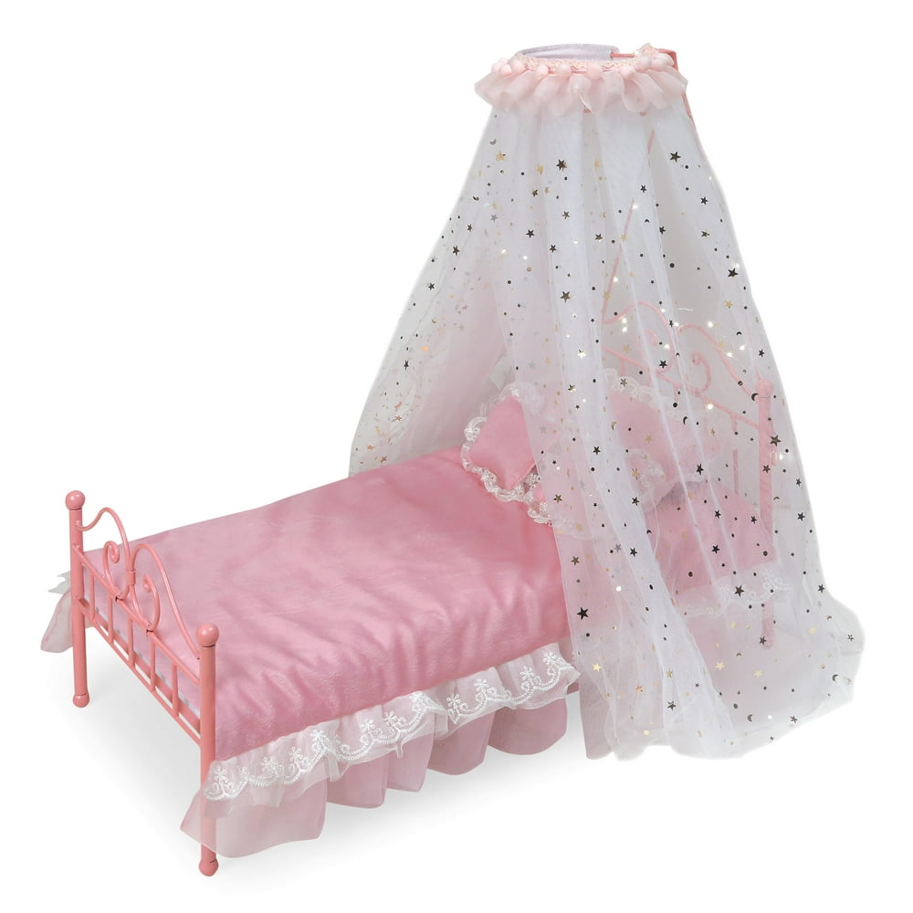 Badger Basket Starlights LED Canopy Metal Doll Bed with Bedding Pink Fits American Girl, My