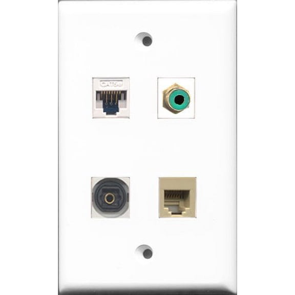 RiteAV 1 Port RCA Green and 1 Port Phone RJ11 RJ12 Beige and 1 Port Toslink and 1 Port Cat5e Ethernet White Wall Plate