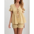 thumbnail image 4 of Raccmtaty Women's Summer Plaid Outfits Ruffled Short Sleeve Tie-Up Front Peplum Tops with Elastic Waist Shorts Set Streetwear, 4 of 8