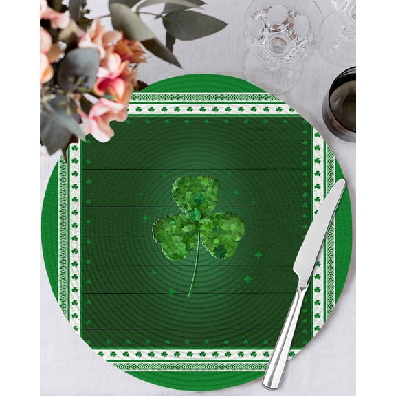 15 Inch Round Placemats Set of 4, St. Patrick's Day Non Slip Heat Insulation PP Table Mats, Green Shamrock Wooden Spring Washable Place Mats for Kitchen Dining Party Table Decor