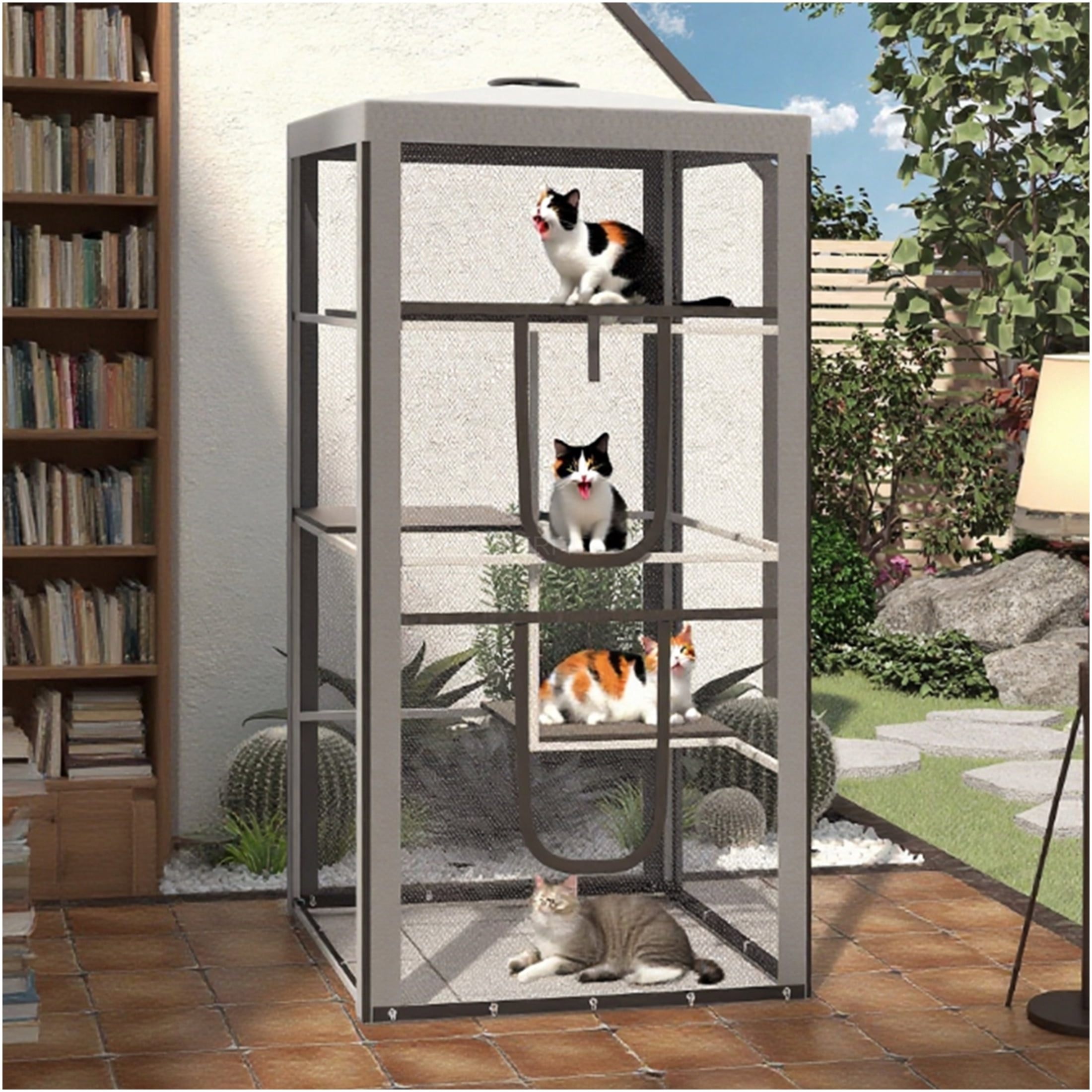JERFIT Large Outdoor Cat Enclosure with 3 Platforms, Grey Metal Indoor Outdoor Cat Playpen Cage for Multiple Cats, Heavy Duty Catio with Zippered Door