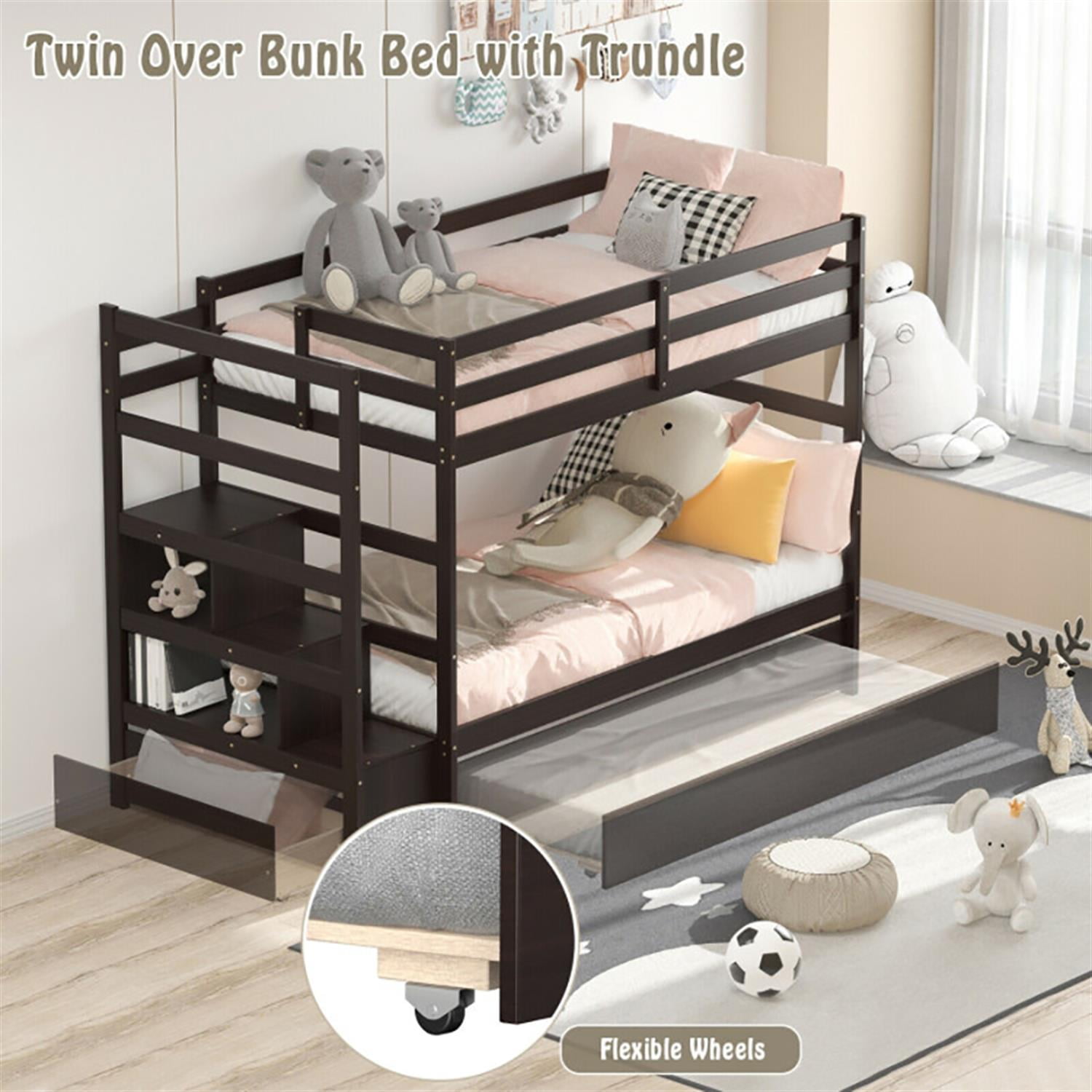 Demi Bonn Twin Pull-Out Bunk Beds with Ladder in the Steps and a Trundle, Bunk Bed Platform with Storage Shelf and Drawer, Brown