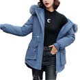 thumbnail image 2 of Jacenvly Winter Jackets Women Solid Quilted Jackets Comfortable Warm Long Sleeve Outerwear Drawstring Hoodlies Zip-Up Pocket Jacket New Style Thigh Length Tops, 2 of 5