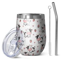 12oz Stemless Wine Tumblers White Cow Strawberry Heart Pattern Vacuum Insulated Stainless Steel Travel Tumbler Cups Mug with Lid and Straw for Champaign,Cocktail,Beer with Cleaning Brush