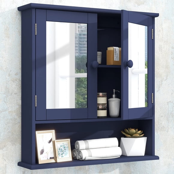 Taohfe Botiquín Azul Botiquines Para Baño Con Espejo 2 Puertas 3 Estantes Abiertos Gabinete De Baño Montado En La Pared Gabinete De Almacenamiento De Baño De Madera Sobre Inodoro Gabinete De Baño Lava