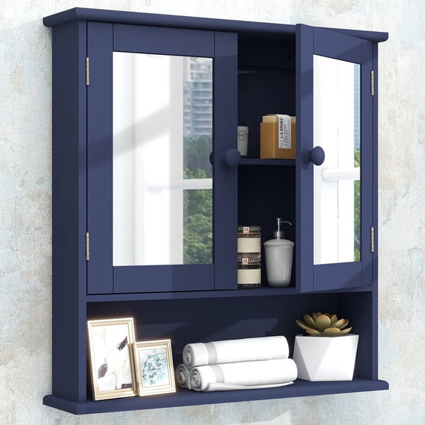Taohfe Botiquín Azul Botiquines Para Baño Con Espejo 2 Puertas 3 Estantes Abiertos Gabinete De Baño Montado En La Pared Gabinete De Almacenamiento De Baño De Madera Sobre Inodoro Gabinete De Baño Lava