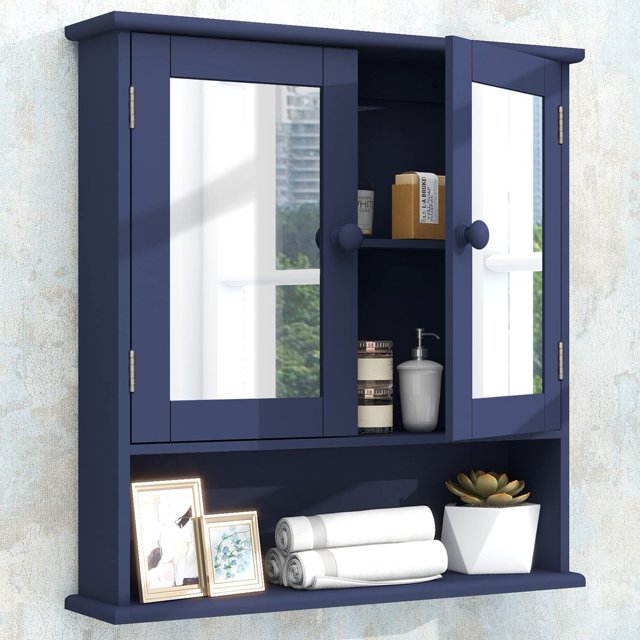 Taohfe Botiquín Azul Botiquines Para Baño Con Espejo 2 Puertas 3 Estantes Abiertos Gabinete De Baño Montado En La Pared Gabinete De Almacenamiento De Baño De Madera Sobre Inodoro Gabinete De Baño Lava