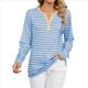 thumbnail image 1 of Camisetas de Larga A Rayas para Mujer, Informales, con Cuello en V, Bloques de Color, Corte Holgado, Básicas. Azul y XXL, 1 of 10