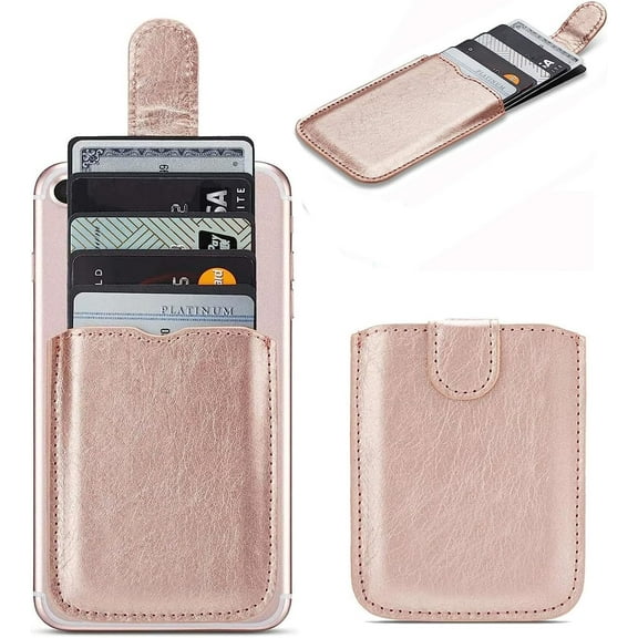 Phone Card Holder RFID Sleeve, Pu Leather Back Phone Wallet Stick-On Pull 5 Card Holder Universally Pocket Covers Credit Cash for iPhone/Android/All Smartphones(RoseGold)