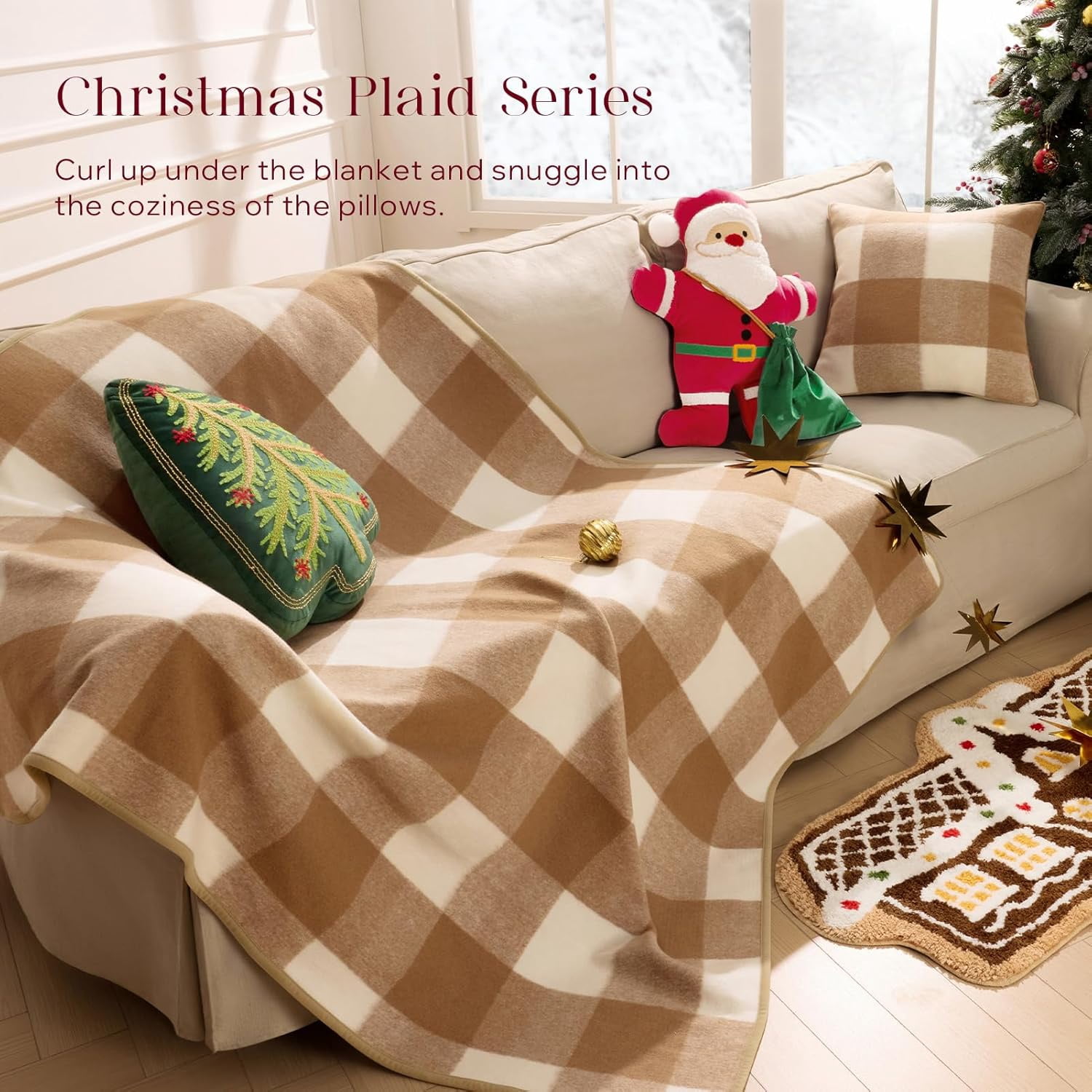 Christmas Throw Blanket, 50x60 Inch Faux Wool Buffalo Check Plaid with Locking Edge, Beige Holiday Blanket for Couch and Decor