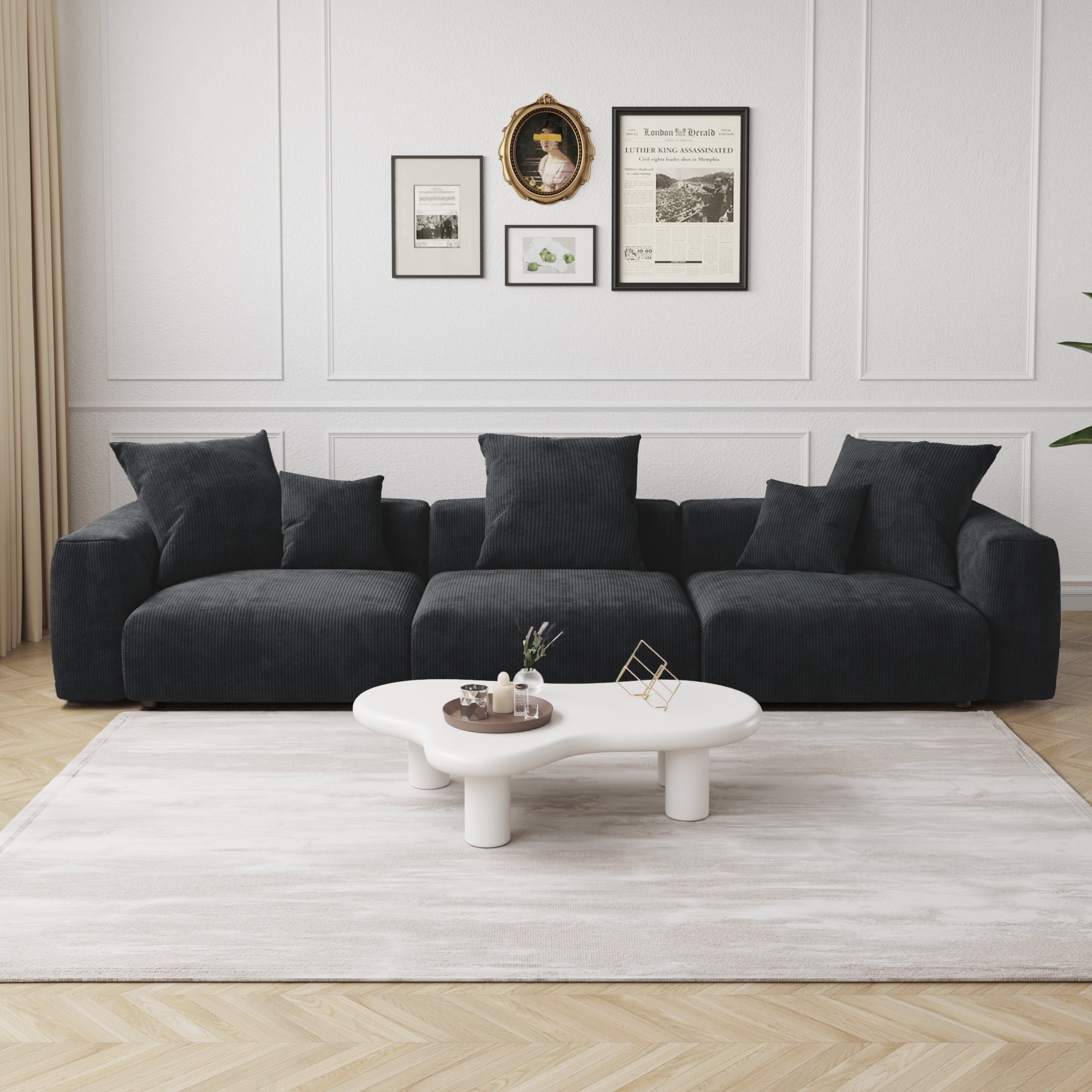 Magic Home Convertible Sectional Sofa Modular Couch,Modern Corduroy Sofa with Pillows for Living Room,Apartment and Small Space,3-Seat Sofa,Black