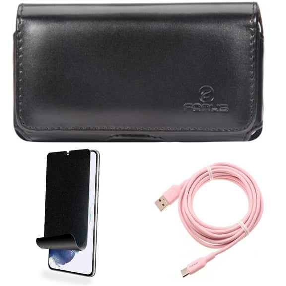 For Samsung Galaxy S21 (6.2") - Charger Cord Pink 10ft Long USB-C Cable   Swivel Leather Case Belt Clip   [Fingerprint Works] TPU Film Privacy Screen Protector