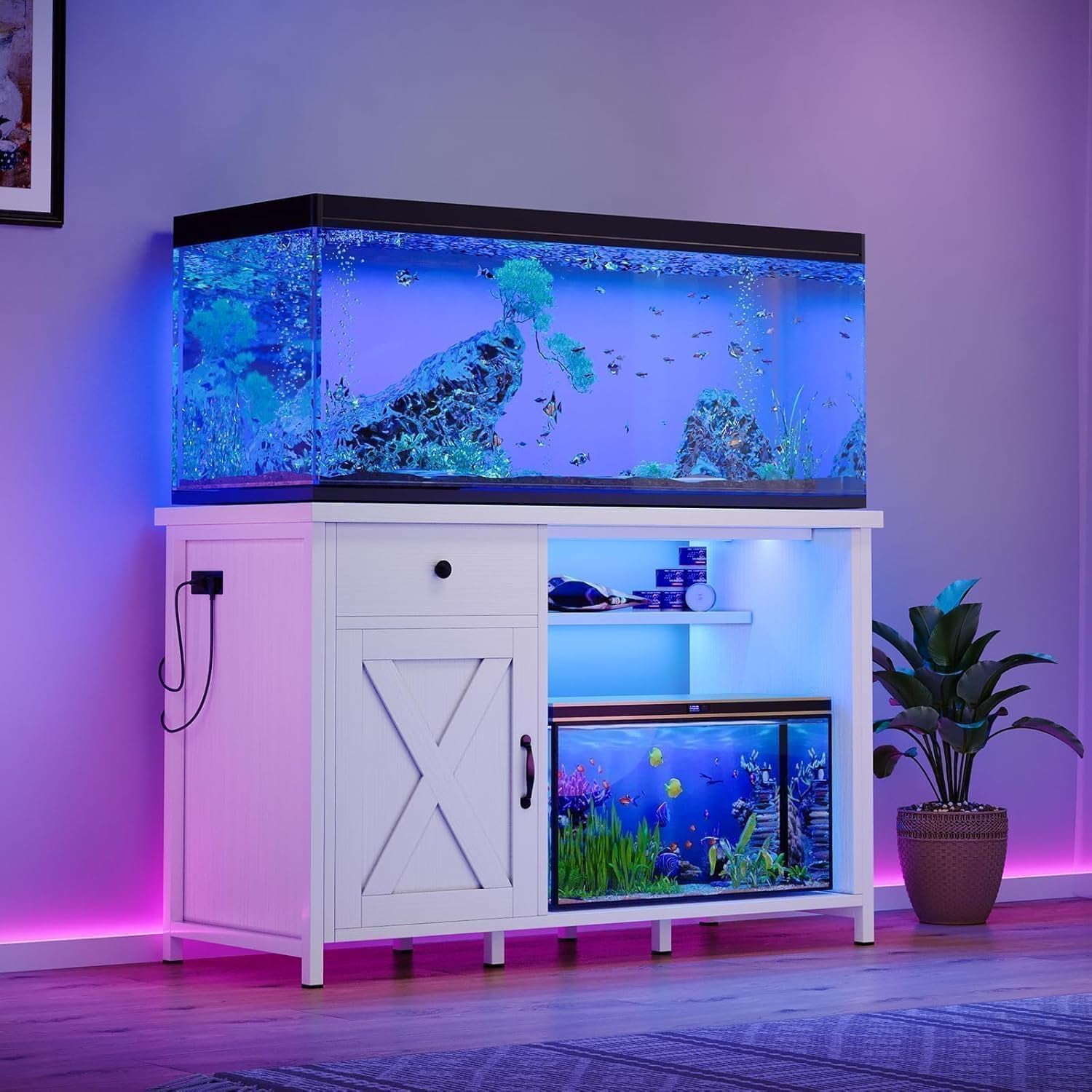 DreamCurship 55-75 Gallon Aquarium Stand with Storage Cabinet & Power Outlets LED Light, Fish Tank Stand with Drawer & Barn Door, Suitable for Fish Tank Stand, Turtle Tank, Reptile Terrarium, White