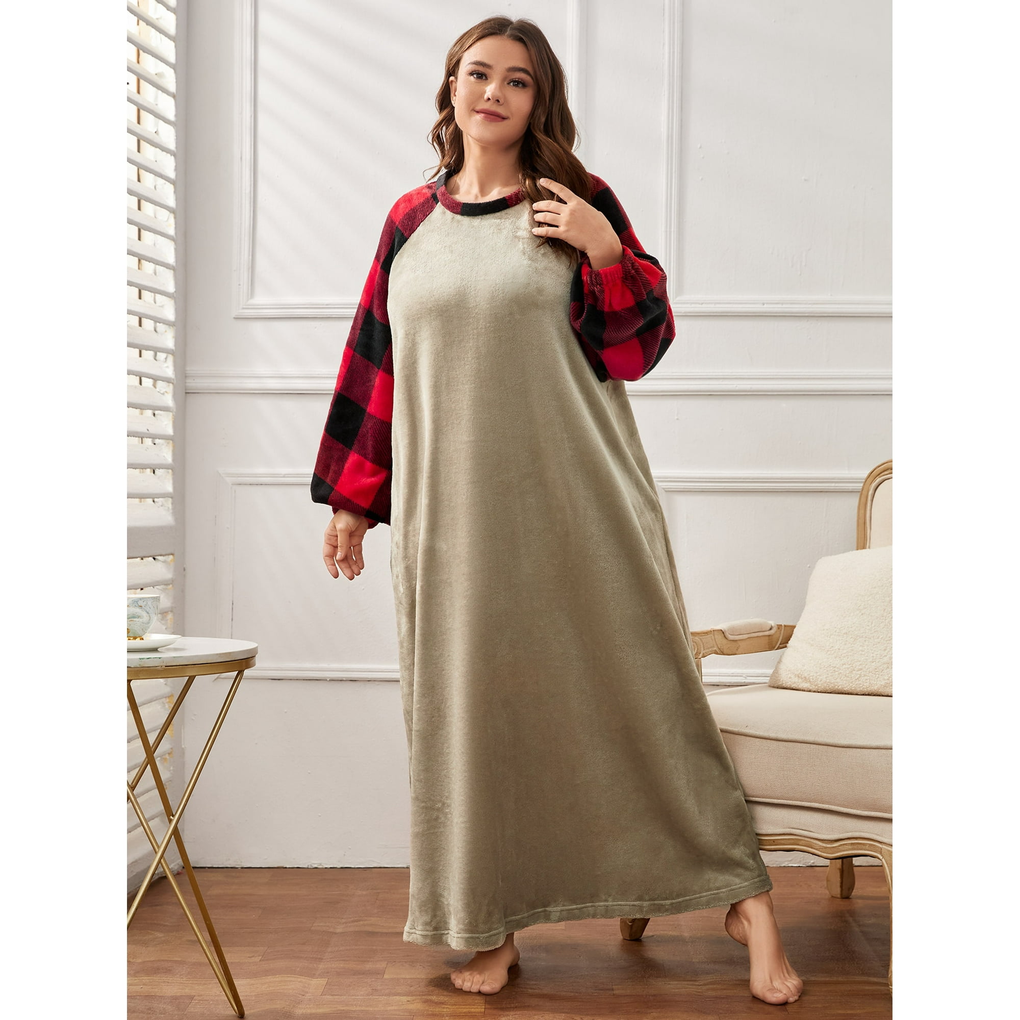 a.Jesdani Women s Plus size Soft Buffalo Plaid Teddy Nightgown Sleep Shirts Walmart