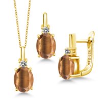 Gem Stone King 4.70 Ct Brown Tiger Eye White Diamond 18K Yellow Gold Plated Silver Pendant and Earrings Jewelry Set