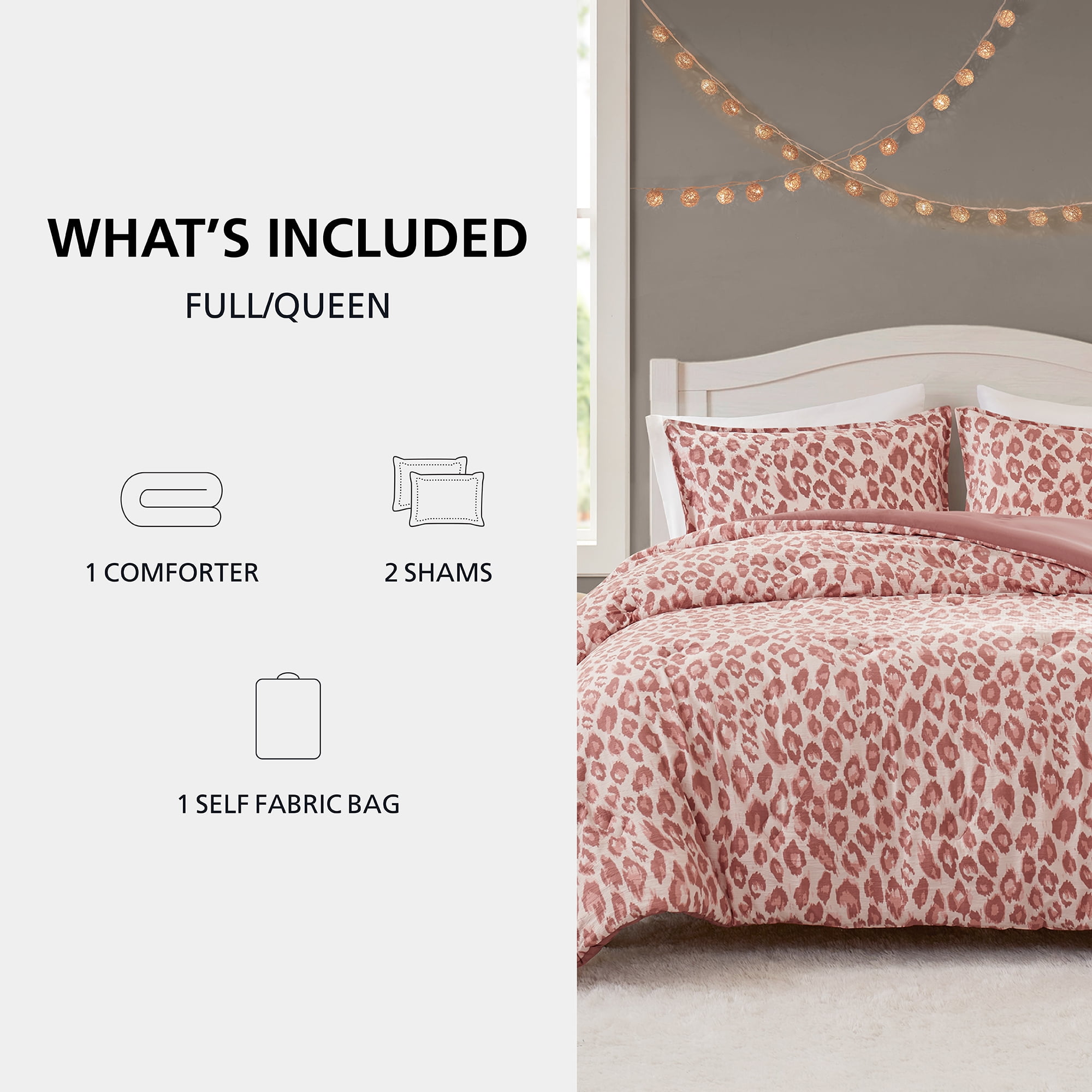 Mainstays Leopard Print 3-Piece Pink Comforter Set, Full/Queen