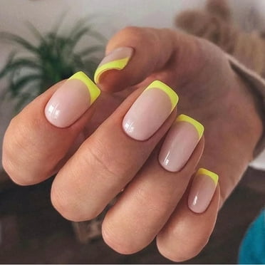 Press On Nails YTTAL 24Pcs Short Square Glossy Press-On Nails – French Tips in Pinkish Nude & White, Durable Full Cover Nail Set Nail Kit