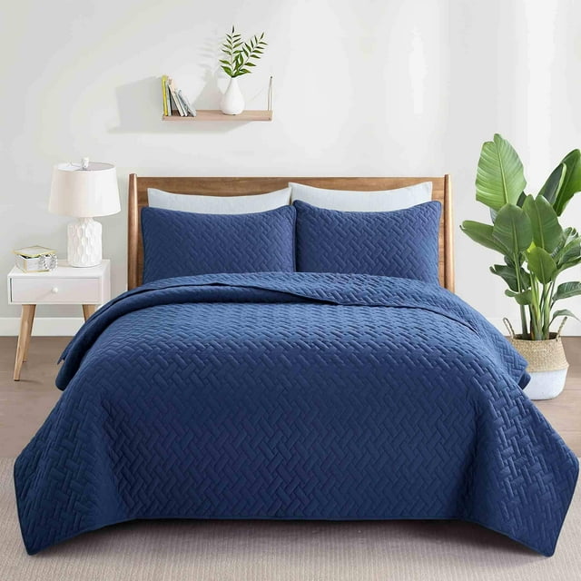 Peace Nest Ensemble de Couvre-Lit Réversible à Motif Damassé de Qualité Supérieure en Microfibre 100 % Douce, Bleu Marine, Très Grand Lit
