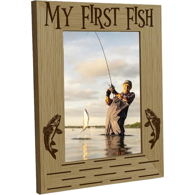 My First Fish Frame Fishing Photo Frames 4 x 6 Standing Wall Mounted Vintage Rustic Decor Picture Frames with Adjustable Kickstand Photos Desktop Display for Thanksgiving Friends Gifts