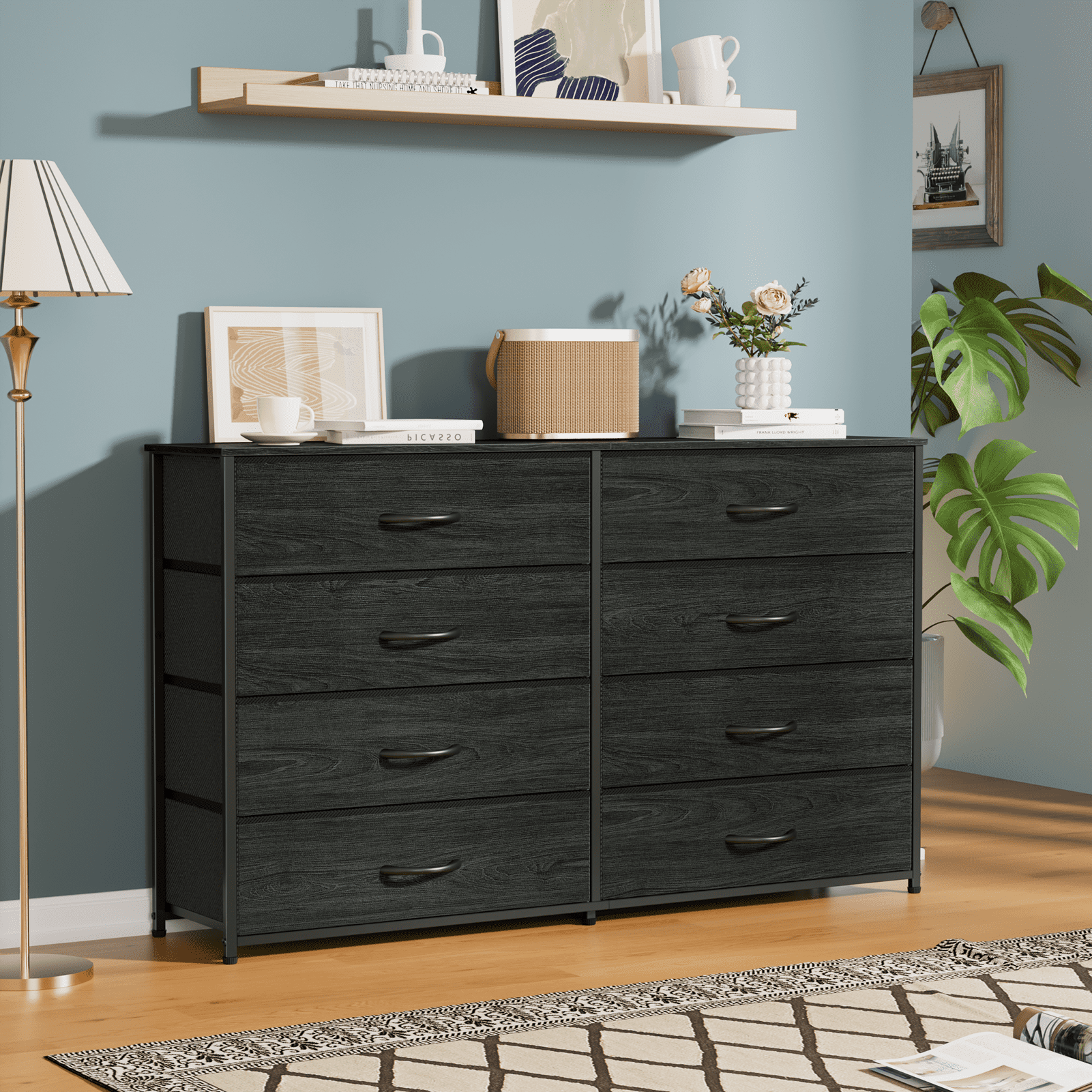 Tydimor Black 8 Fabric Drawers Dressers for Bedroom Wide Dresser TV Stand for 55" TVs, Chest of Drawers