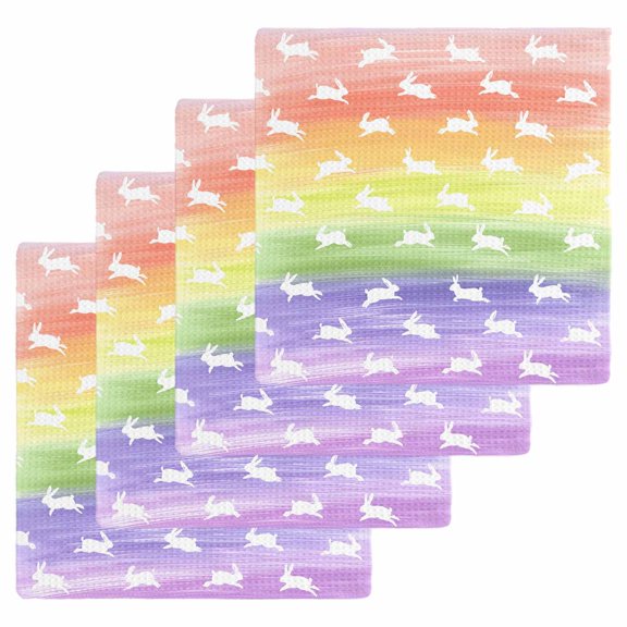 Easter Kitchen Dish Towels for Drying Dishes Set of 4, Spring Rabbit Silhouette Colorful Rainbow Graffiti Waffle Weave Microfiber Hand Tea Bathroom Towels Quick Dry & Absorbent Towel 12x12