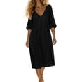 thumbnail image 3 of Sentmoon Robe en Lin pour Femme Robe Femme 2026 Été Robes Chemise pour Femmes Couleur Unie Manches 3/4 Col Rond Extensible Coupe Régulière Robes de Vacances avec Poches Sorties P-3TG, 3 of 6